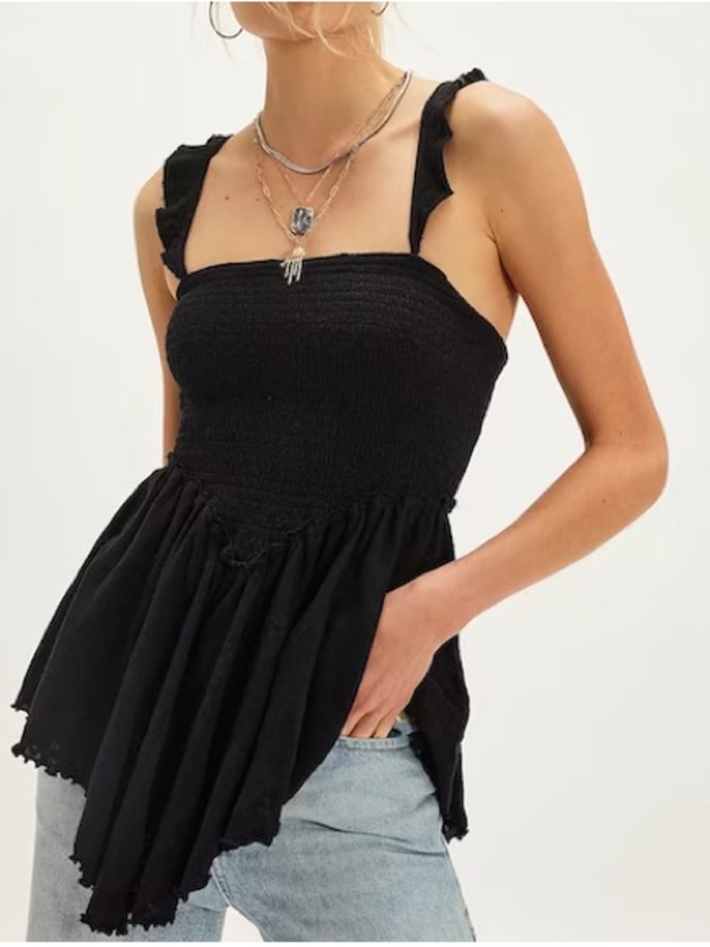 229. Free People Black Smocked Spin Me Around Tunic ruffle tank top